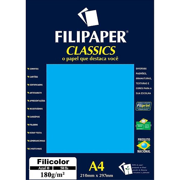 Papel A4 Color Filicolor Azul 180G Pacote com 50