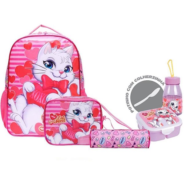 Mochila Infantil Gatinha KIT com 6 Peças (S)
