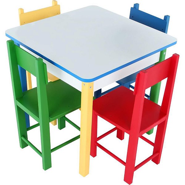 Conjunto Mesa e 4 Cadeiras de Madeira Coloridas - 60X60CM