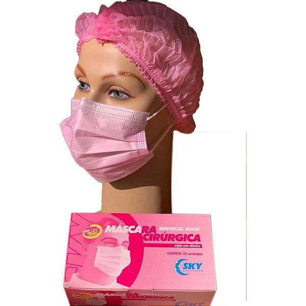 Máscara Descartável Tripla TNT com CLIP Nasal Rosa - Caixa com 50 Unidades