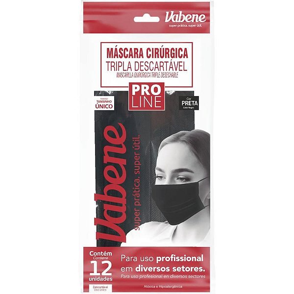 Máscara Descartável Tripla Preto PCT com 12