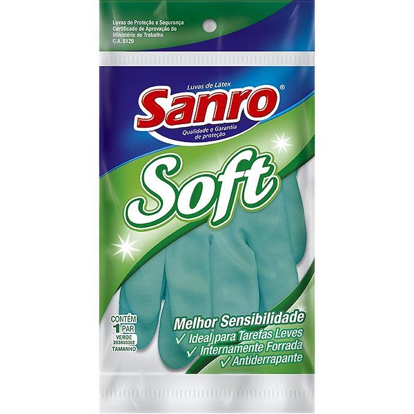 Luva para Limpeza SOFT Médio Verde Látex Flocado e Antiderrapante