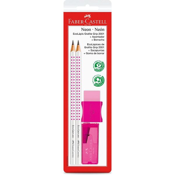 Kit Lápis Preto Triangular Ecolápis GRIP 2001 Neon - Lápis + Apontador + Borracha