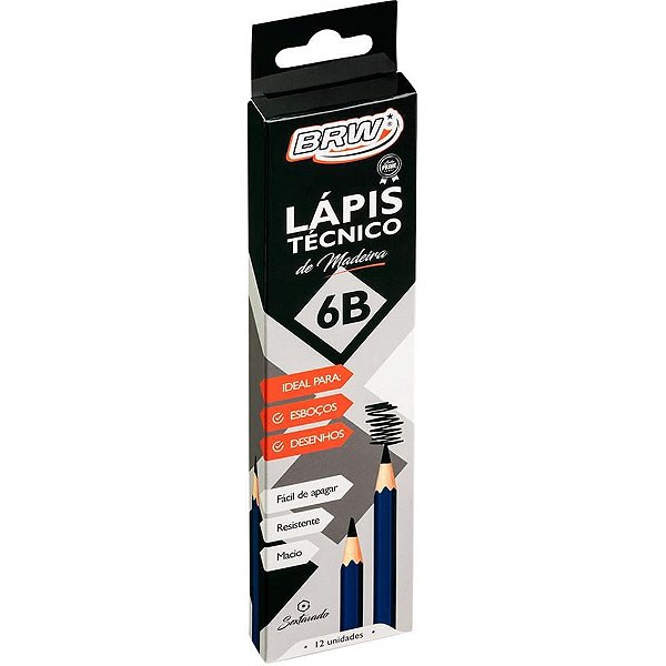 Lápis Preto Técnico 6B Madeira BRW - Blister com 12 Unidades