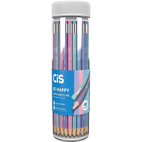 Lápis Preto Sextavado CIS BE HAPPY com Borracha – Pote com 48 Unidades