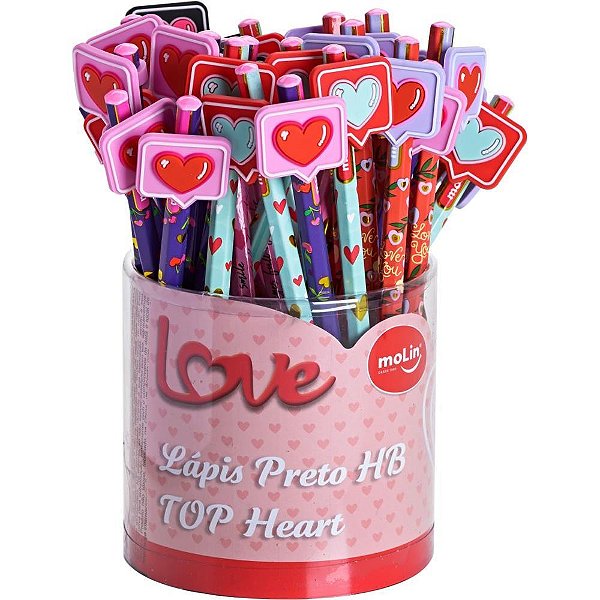 Lápis Preto Redondo Decorado TOP Love Heart com Borracha – Pote com 36 Unidades