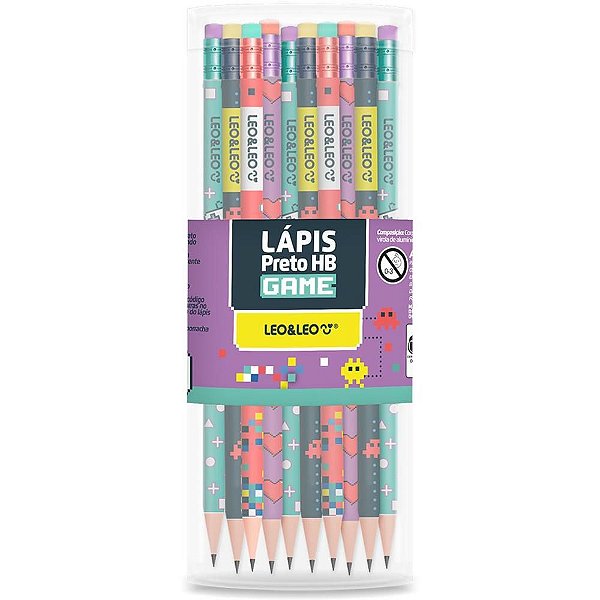 Lápis Preto Redondo Decorado Game HB com Borracha – Pote com 72 Unidades