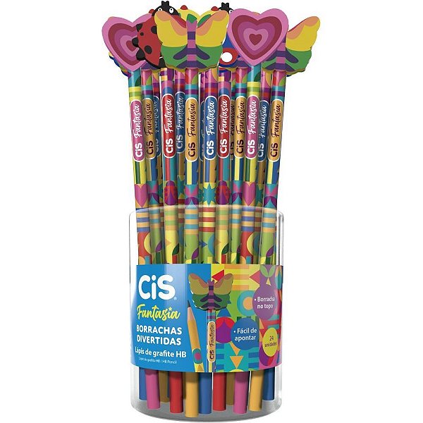 Lápis Preto Redondo Decorado CIS Borracha Divertida 4 Modelos Pote 24