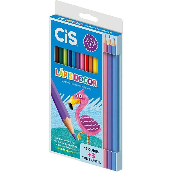 Lápis de COR Sextavado Colorcis Madeira 12 Cores + 3 Pastel Pacote com 6