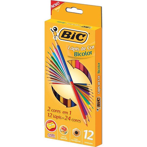 Lápis de COR Sextavado BIC Bicolor - 12 Lápis, 24 Cores - Pacote com 6 Caixas