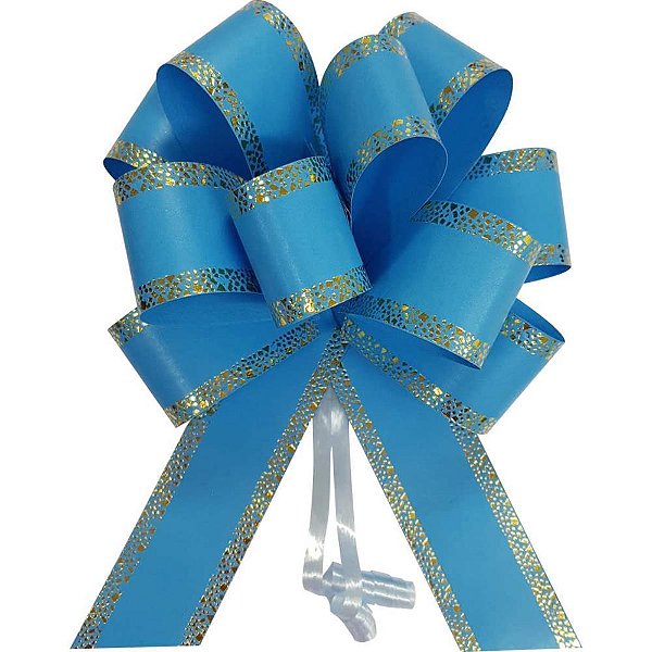 Laço Pronto Decorado FLOR Grande 30MM X 13CM Azul com Dourado - Pacote com 10