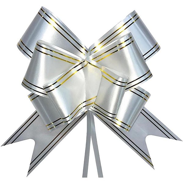 Laço Pronto Decorado 28MM X 47CM Branco com Fio Dourado PCT com 200