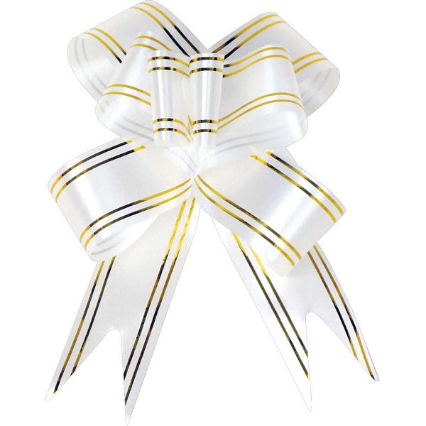 Laço Pronto Decorado 23MM X 42CM Branco Fio Dourado Pacote com 120