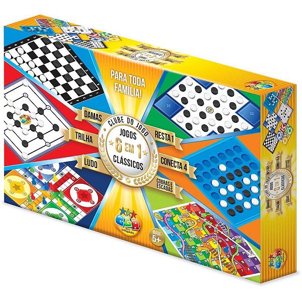 Jogo de Tabuleiro 6 em 1 - Clube do Jogo (damas, Trilha, Ludo, Resta 1, Conecta 4, Cobras e Escadas)