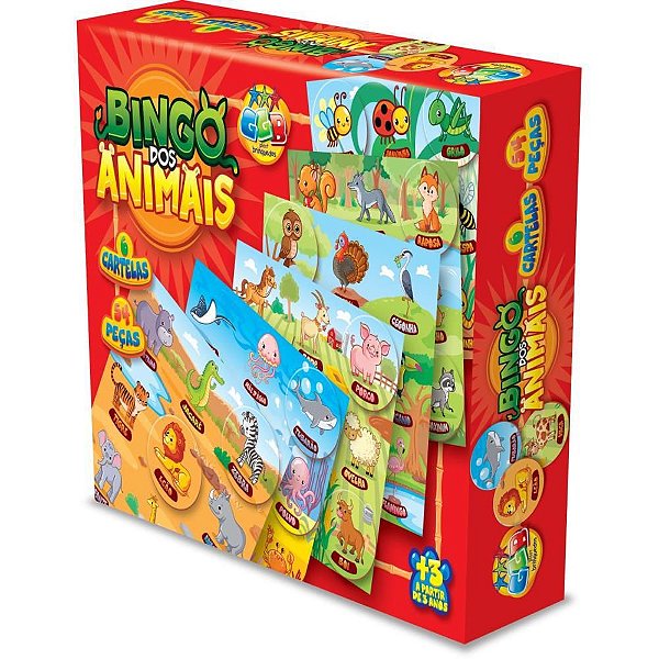 Jogo de Bingo Bingo dos Animais 54 Peças com 6 Cartelas