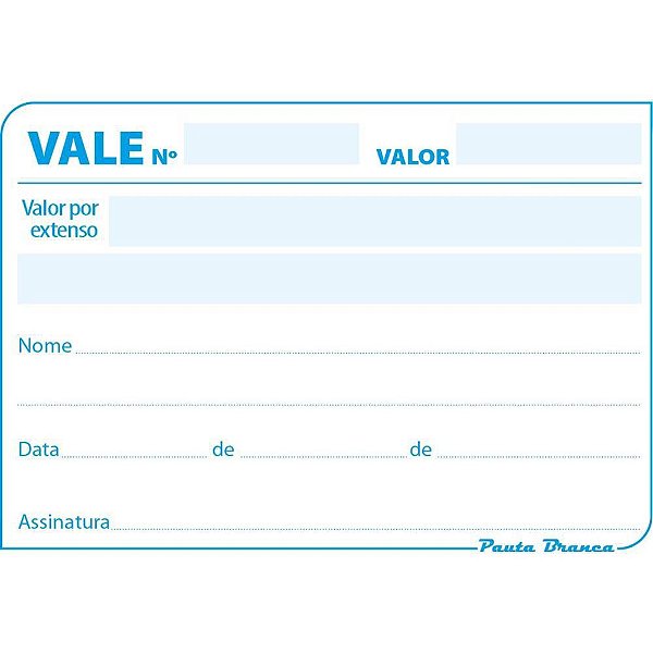 Impresso Vale 50 Folhas sem Canhoto - Pacote com 20