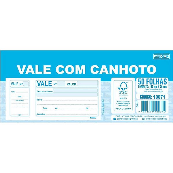 Impresso Vale com Canhoto 50 Folhas - Pacote com 20