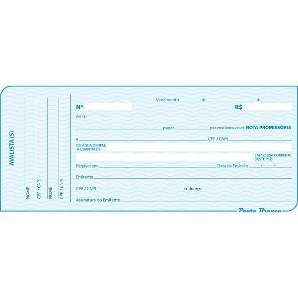 Impresso Talão Nota Promissória Mini 50 Folhas 65X145MM Pacote com 20