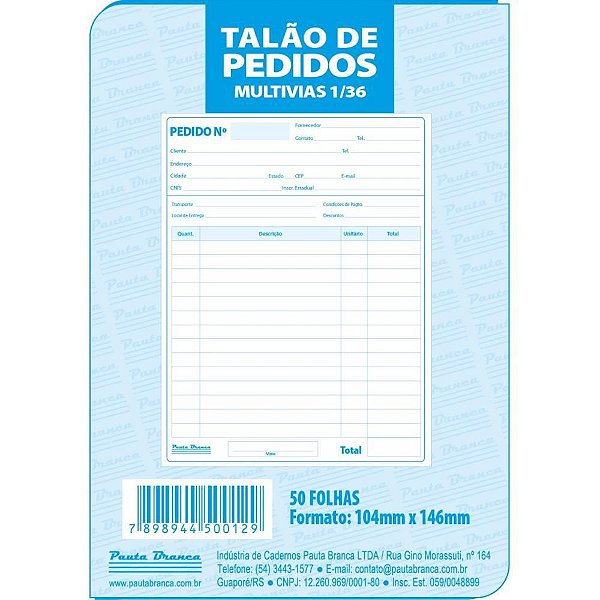Impresso Talão de Pedido 1/36 2 Vias 50 Folhas - Pacote com 20