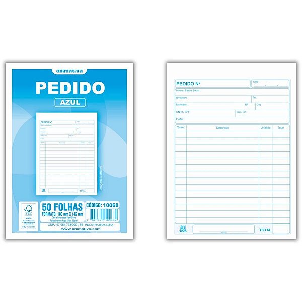Talão de Pedido Azul 1/36 1 Via 50 Folhas - Pacote com 20