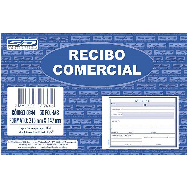 Impresso Recibo Comercial sem Cópia 50F Grande PCT com 20