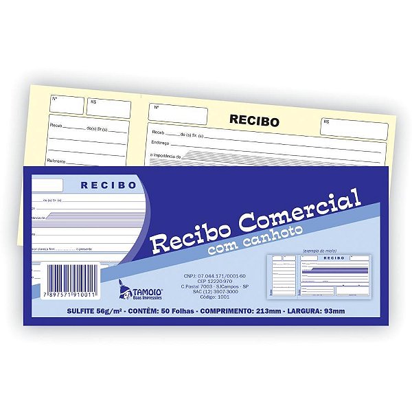 Recibo Comercial com Canhoto - 50 Folhas - Pacote com 20 Unidades