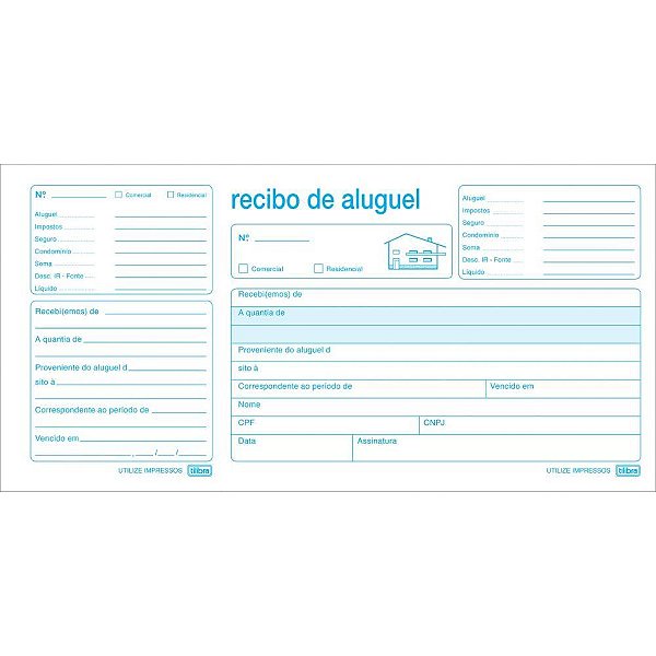 Impresso Recibo de Aluguel com Canhoto - 50 Folhas - Pacote com 20