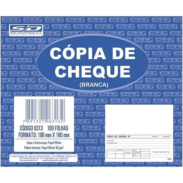 Impresso Cópia de Cheque Branco 100 Folhas 160X190MM PCT com 10 1