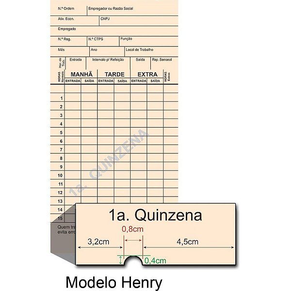 Cartão de Ponto Palha HENRY com CNPJ - Pacote com 100 Unidades