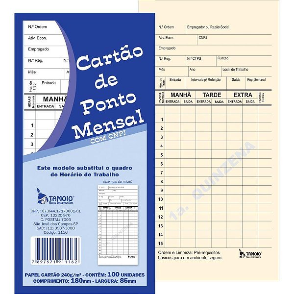 Impresso Cartão de Ponto Mensal Palha 86X180MM Pacote com 100