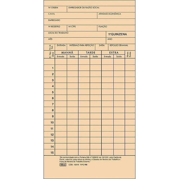 Impresso Cartão de Ponto Mensal Palha 86X180MM, Pacote com 100 Unidades