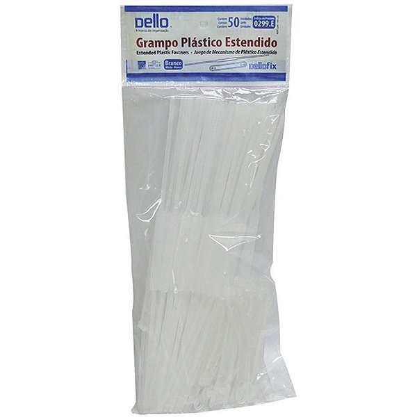 Grampo Trilho Plástico Dellofix Estendido Branco – Pacote com 50 Unidades