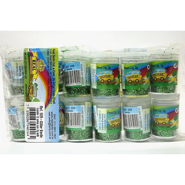 Glíter PVC Verde Potes 3G - Pacote com 12 Unidades