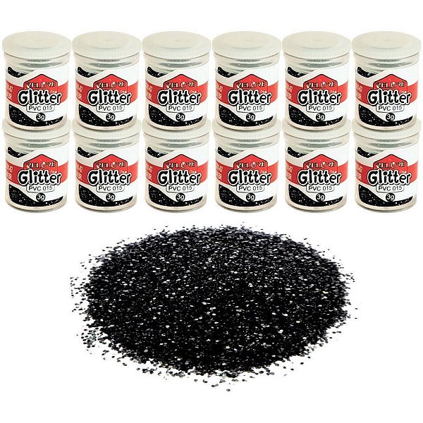 Glitter PVC Preto 3G - Pacote com 12 Potes