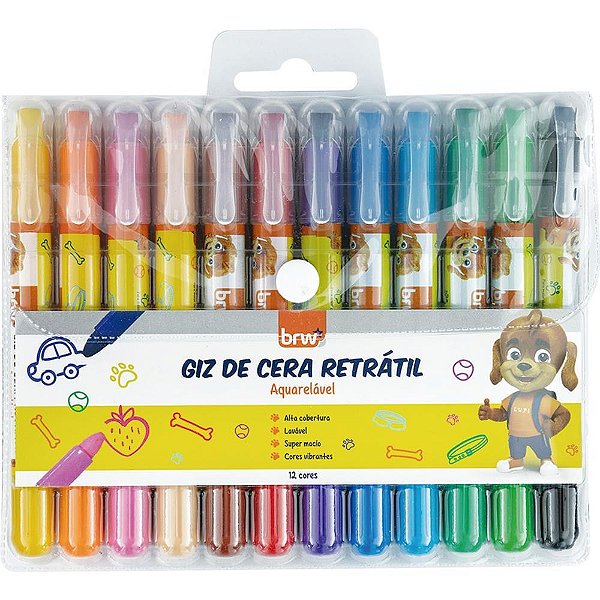 Giz de Cera Retrátil Aquarelável BRW 12 Cores