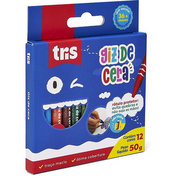 Giz de Cera Fino TRIS 12 Cores com Rótulo Protetor