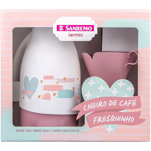 Garrafa Térmica Rosca Bule 700ML + Suporte para Filtro 102 BRANCO/ROSA