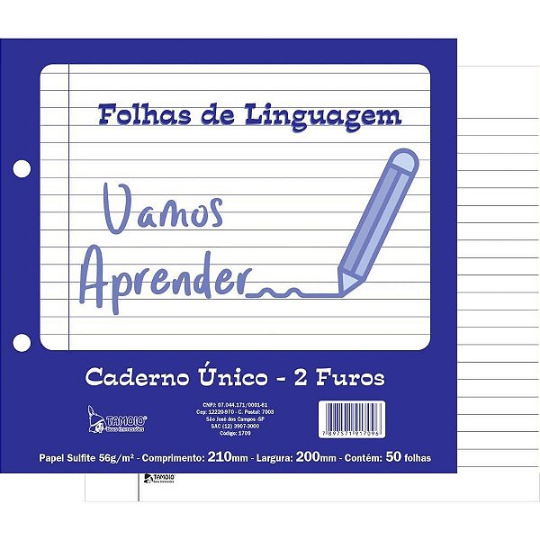 Folha 2 Furos Linguagem para Caderno único - 50 Folhas - Pacote com 5 Unidades