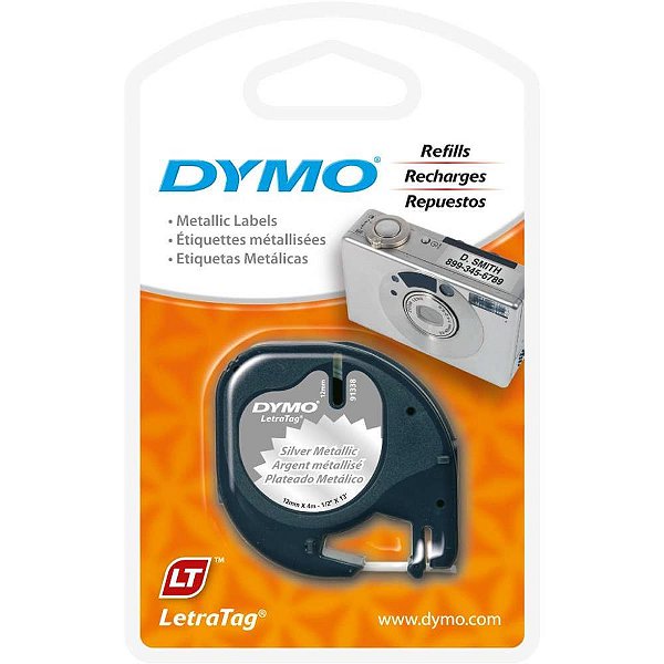 Fita para Rotulador Eletrônico 12MM X 4M Metalizado PRETO/PRATA para DYMO Letratag