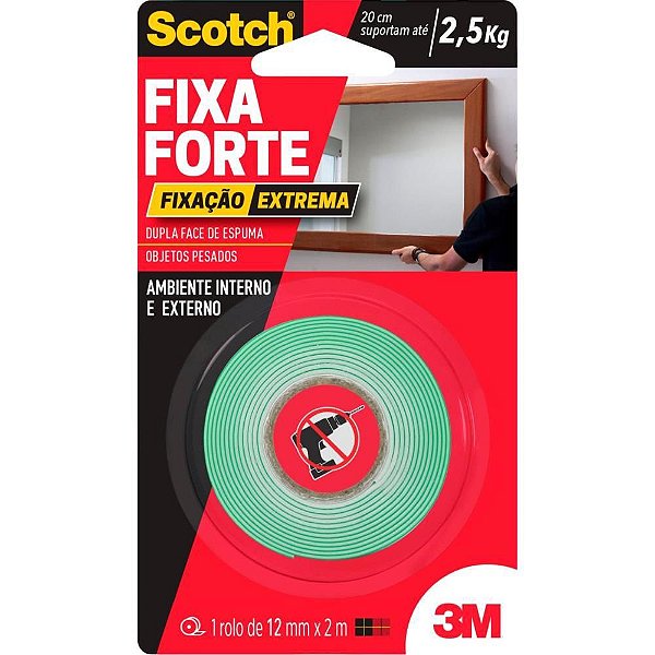 Fita Dupla Face 3M SCOTCH Fixa Forte Espuma Extrema 12X2M Suporta ATÉ 2,5KG