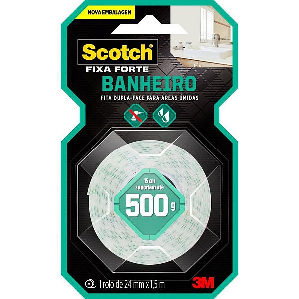 Fita Dupla Face 3M SCOTCH Fixa Forte Banheiro 24MM X 1,5M - Branco