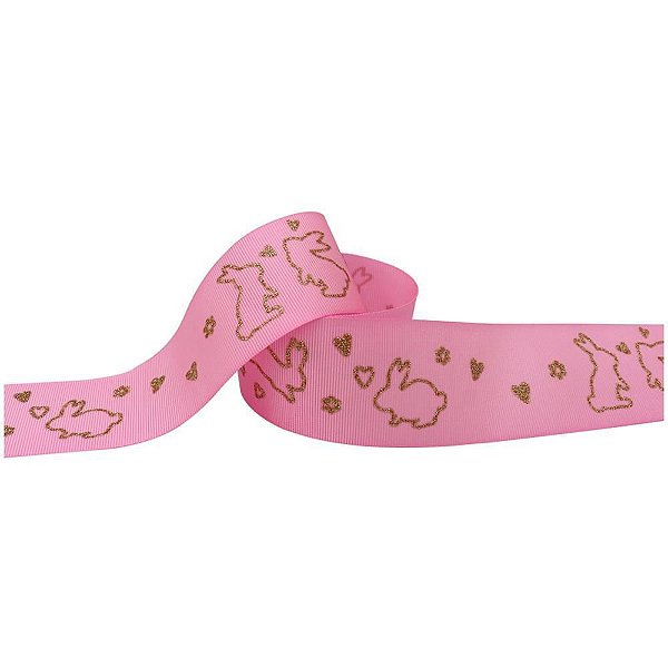 Fita de Gorgurão Páscoa 38MM 10M Coelho Rosa com Glíter