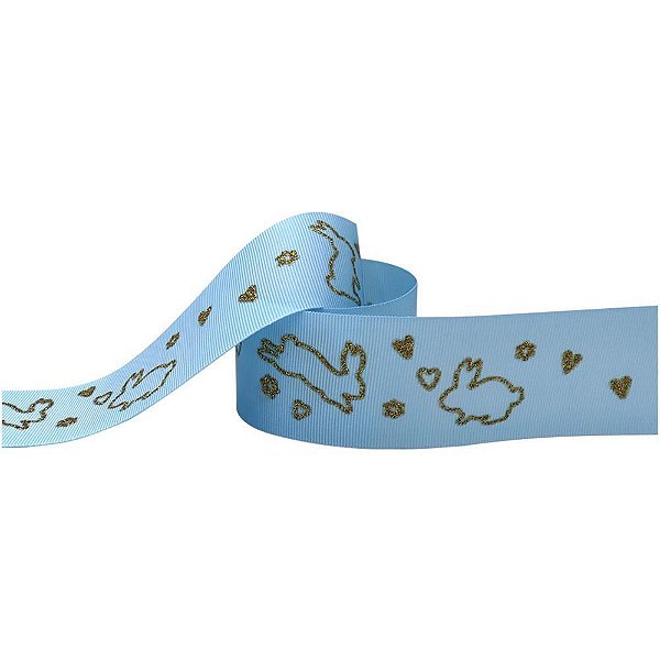 Fita de Gorgurão Páscoa 38MM 10M Coelho Azul com Glíter