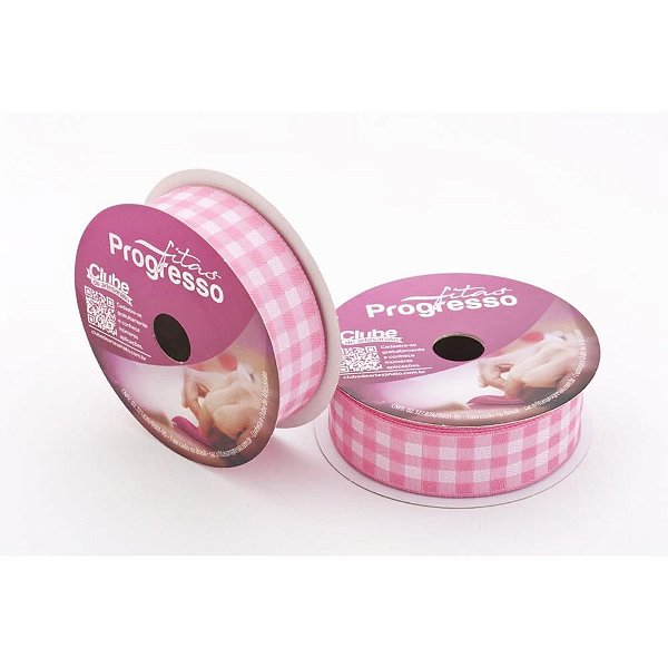 Fita de Cetim 22MM 10M Xadrez Rosa Bebê