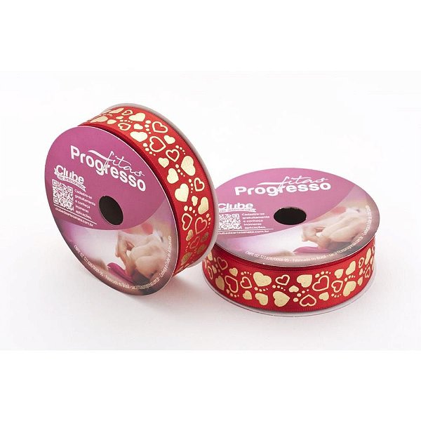 Fita de Cetim Natal 22MM 10M Coracões VERM/OURO