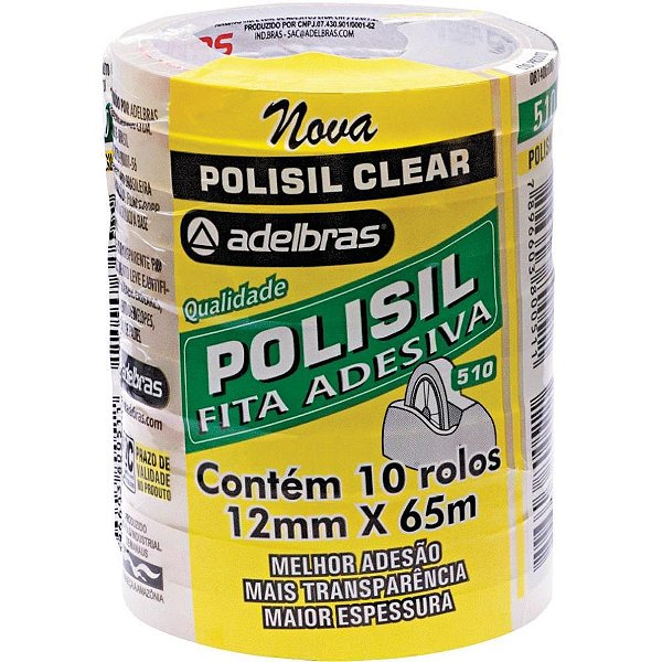Fita Adesiva Polisil 12MM X 65M Transparente - Pacote com 10 Rolos