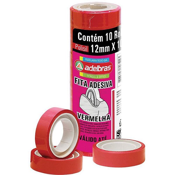 Fita Adesiva Polisil 12MM X 10M Vermelha - Pacote com 10 Rolos