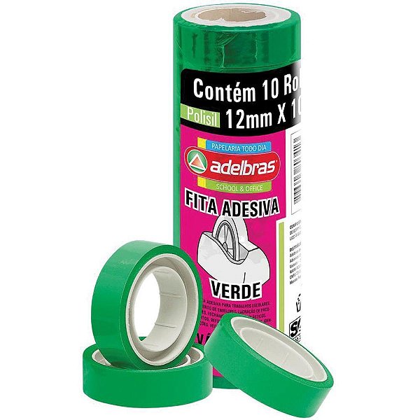 Fita Adesiva Polisil 12MMX10M Verde - Pacote com 10 Rolos