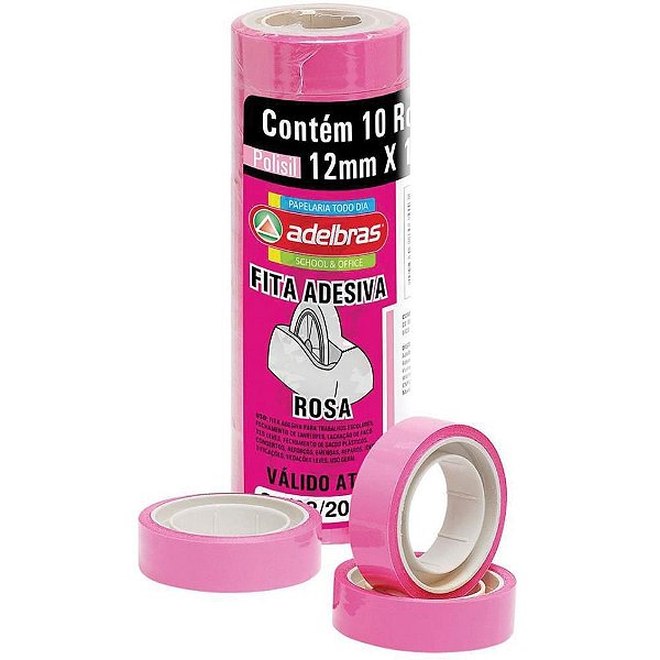 Fita Adesiva Polisil 12MMX10M Rosa - Pacote com 10