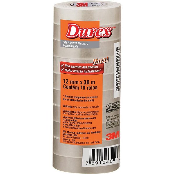Fita Adesiva Durex Transparente 12MM X 30M Pacote com 10